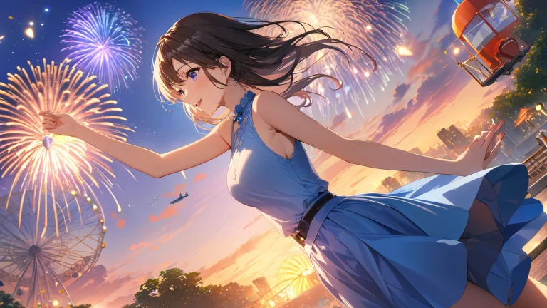 Four anime girls enjoying a summer evening with a ferris wheel and fireworks in the background, surrounded by a beautiful blue sky.