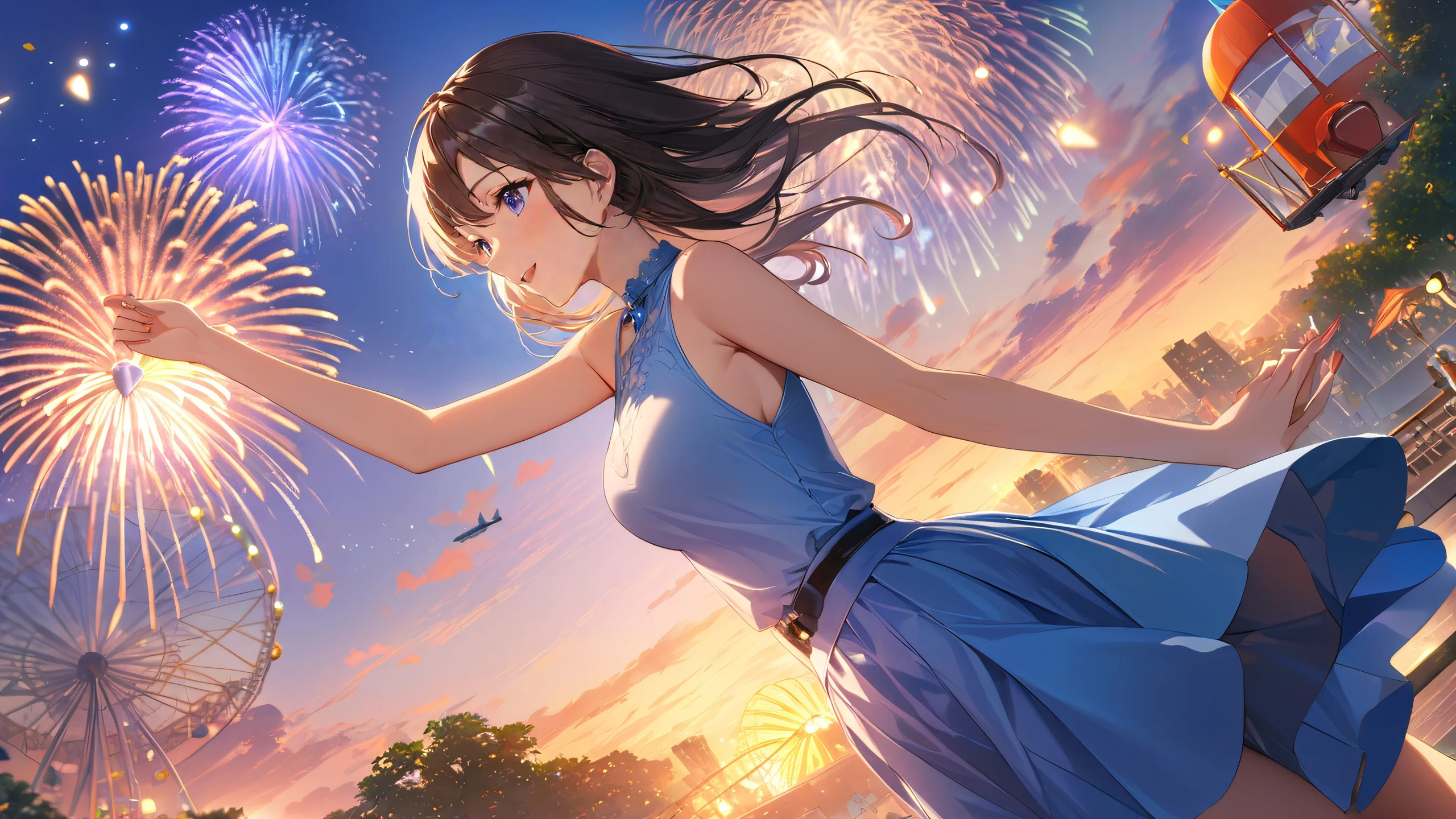Ultra HD Anime Girls Ferris Wheel Wallpaper Four anime girls enjoying a summer evening with a ferris wheel and fireworks in the background, surrounded by a beautiful blue sky.