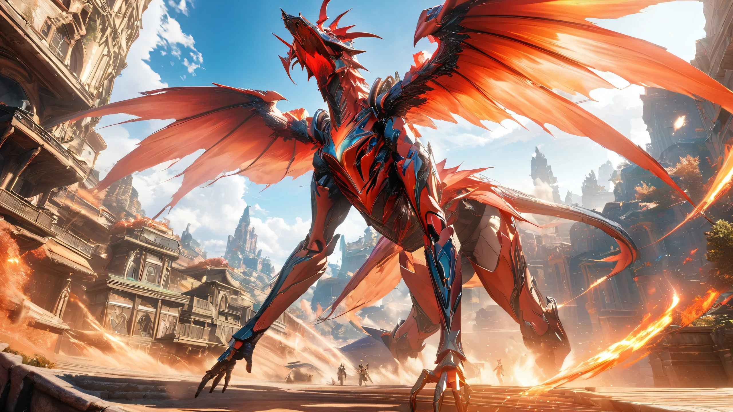 Video game characters against a vibrant sky with red and green hues