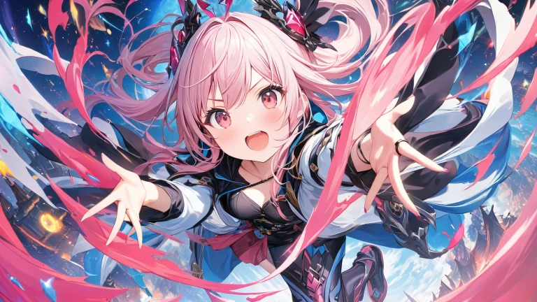 A close-up of a cute anime girl with pink hair and chaotic background, highly detailed and in 4K resolution.