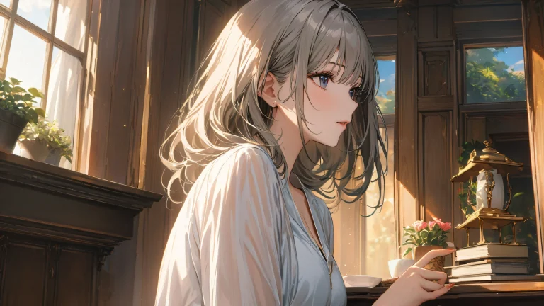 An anime-style female character sitting in a cozy study with soft natural light and intricate details.