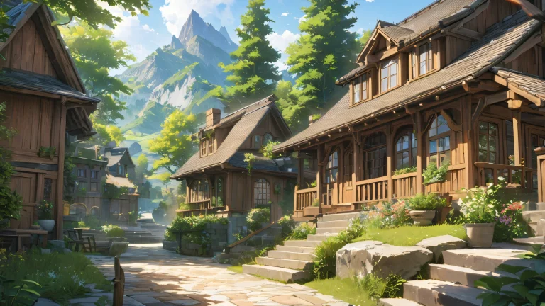 Exterior of an anime-style house with intricate details and vibrant colors.