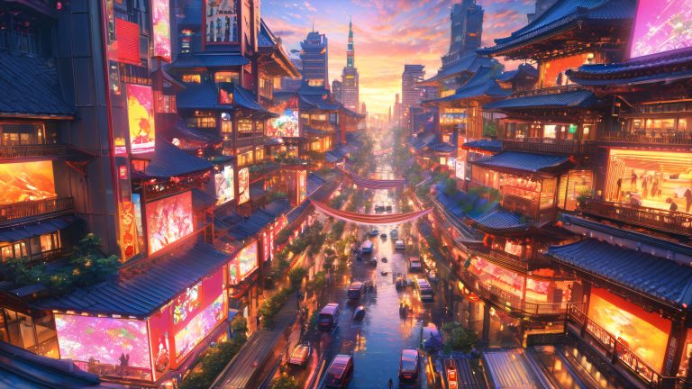 anime metropolis sunset wallpaper scaled