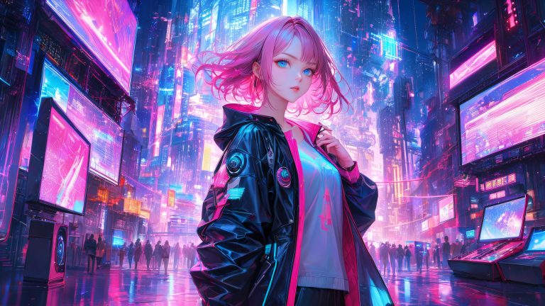 anime pink hair girl robotic companion futuristic city scaled