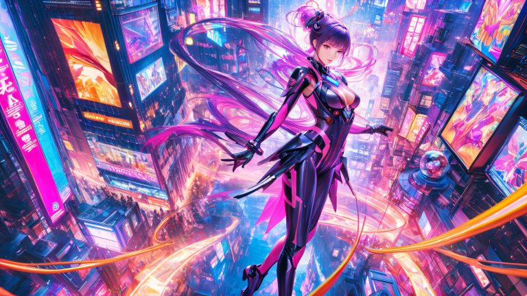 anime power suits hirono neon lit confidence wallpaper scaled