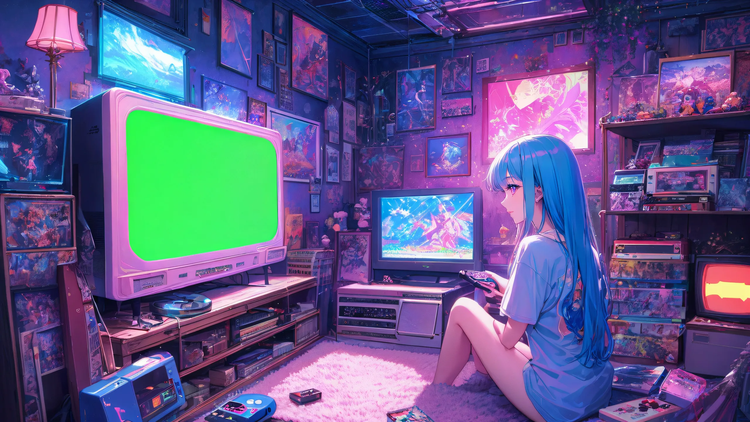 4K Neon Haven for Otaku Dreams Wallpaper for PC/Mac A young woman with short blue hair and bright pink eyes sitting in a cozy room filled with anime memorabilia, surrounded by shelves stacked with manga volumes, figurines, and vintage posters. Perfect for desktops/PCs.