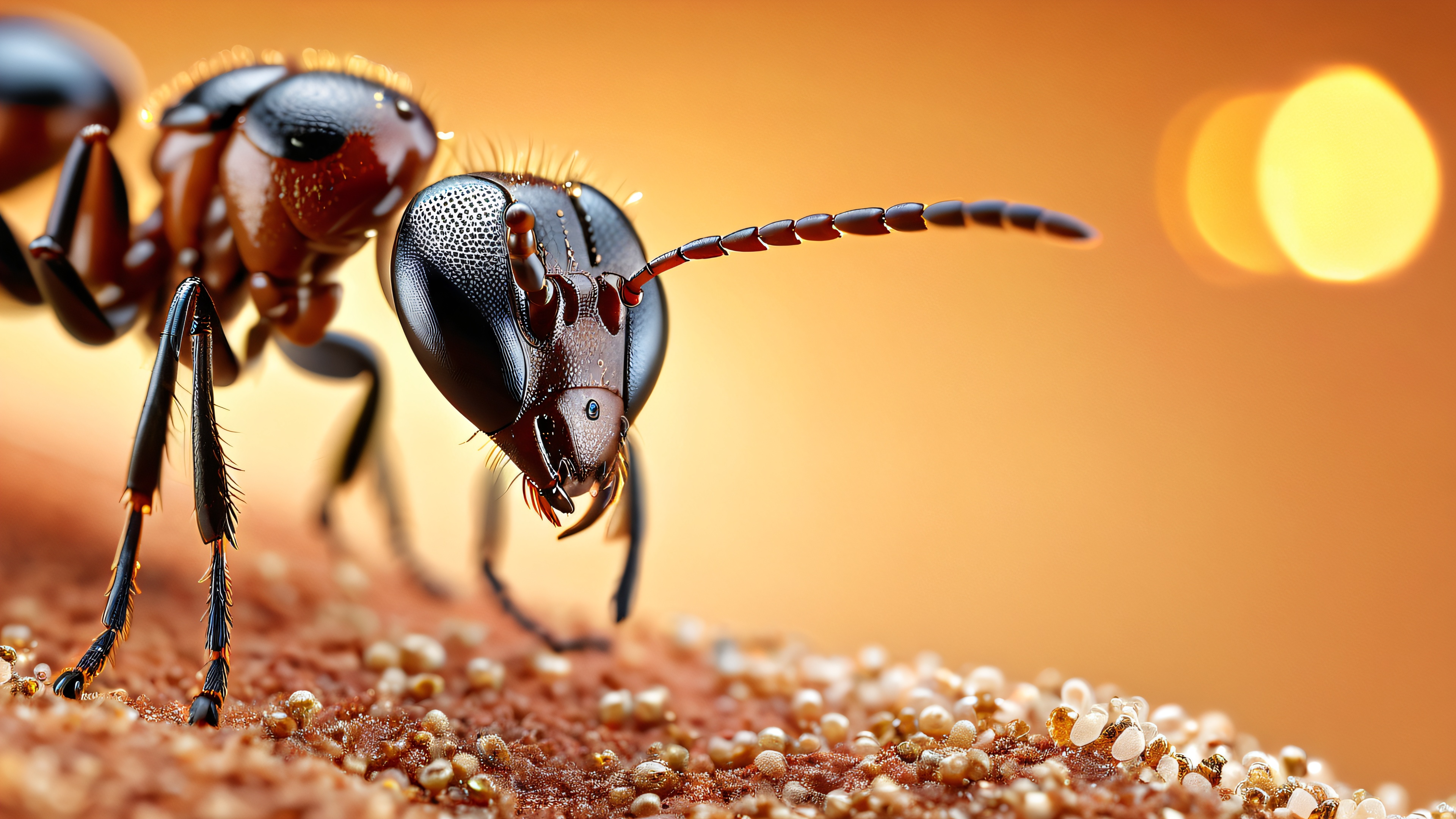 High-resolution image of an ant's face with intricate details and golden lighting.