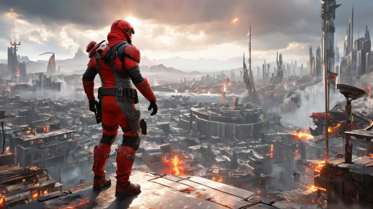 Standing video game characters in a dark, apocalyptic cityscape on desktop or PC for a dramatic and immersive experience.