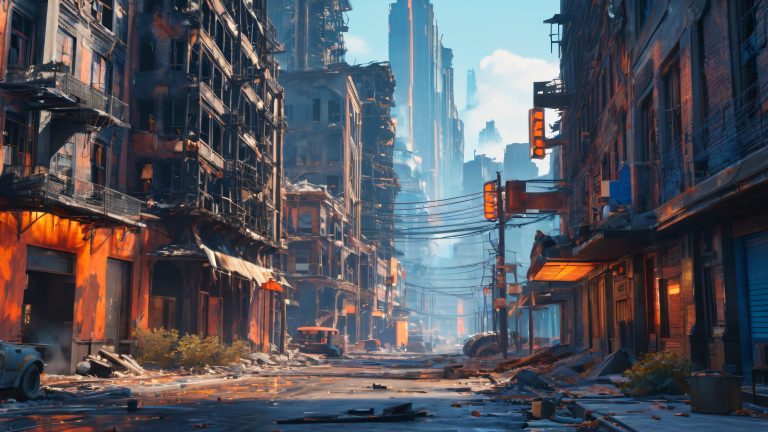 apocalyptic cityscape futuristic portals 4k wallpaper scaled