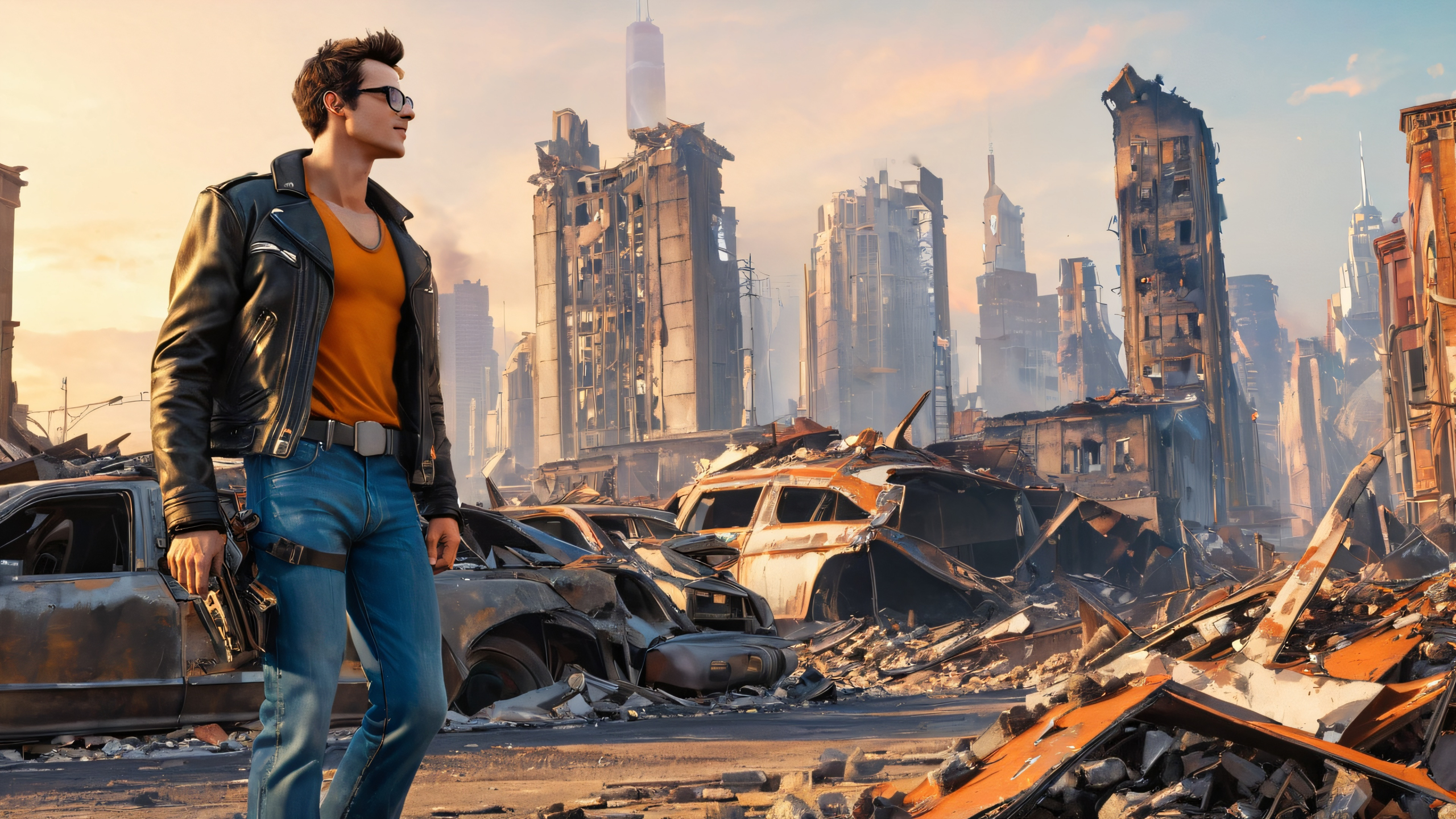 Ultra HD Apocalyptic Survivor's Vantage Wallpaper A person standing on rubble in a post-apocalyptic city with neon lights and debris. Desktop/PC wallpaper.