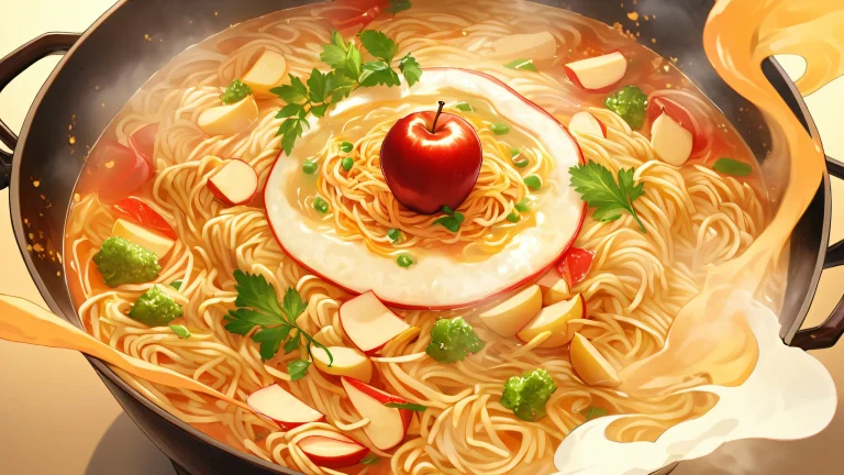 A whimsical apple surrounded by steaming hot ramen noodles on a cozy kitchen desktop.
