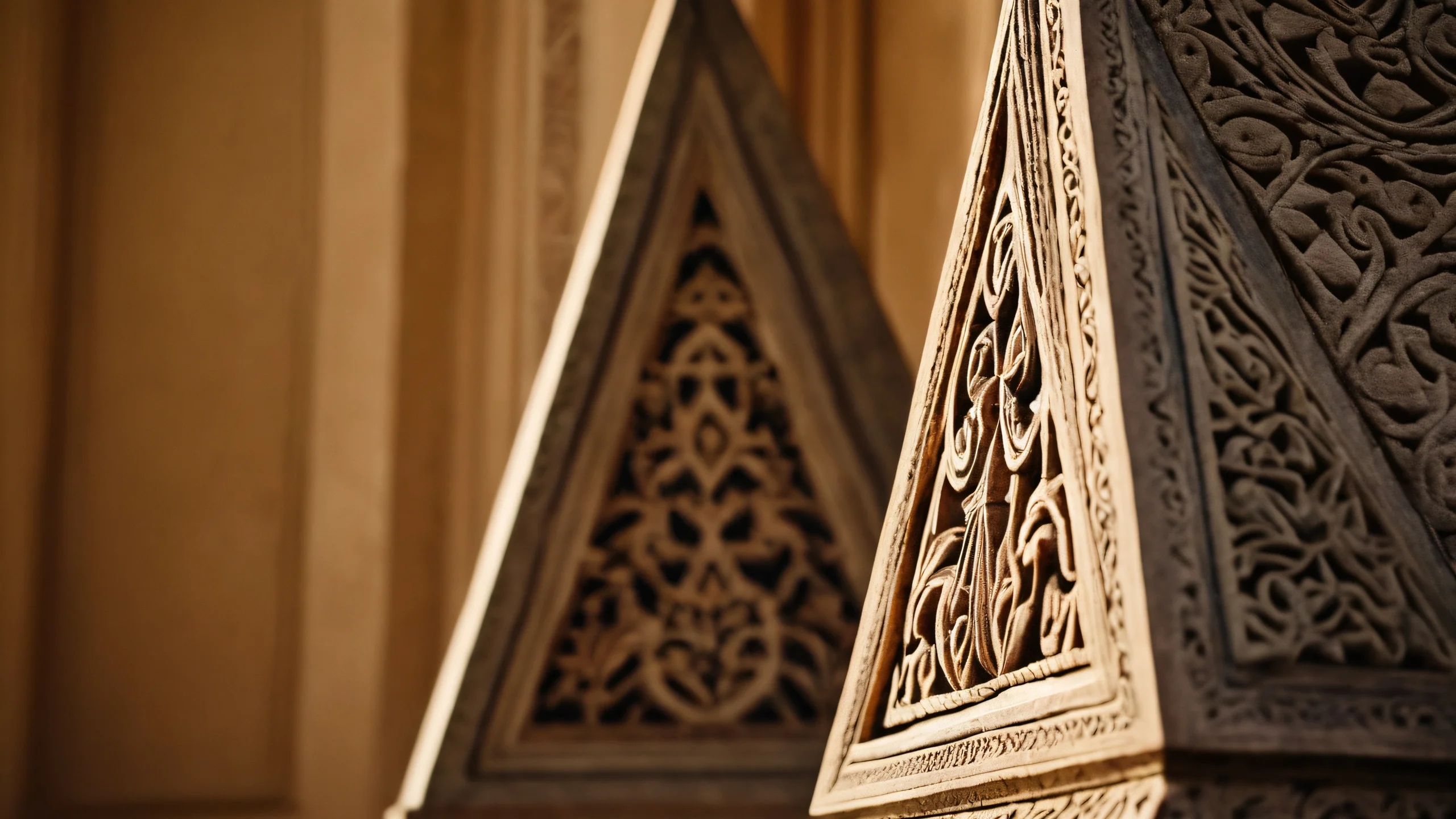 Scalene triangular architectural fragment with hyper-detailed stone texture and intricate carvings in a photorealistic fine art masterpiece.