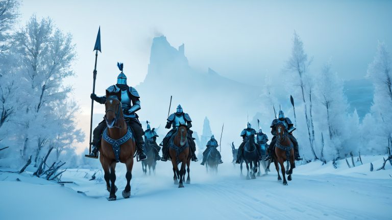 armored warriors march snow covered battleground scaled