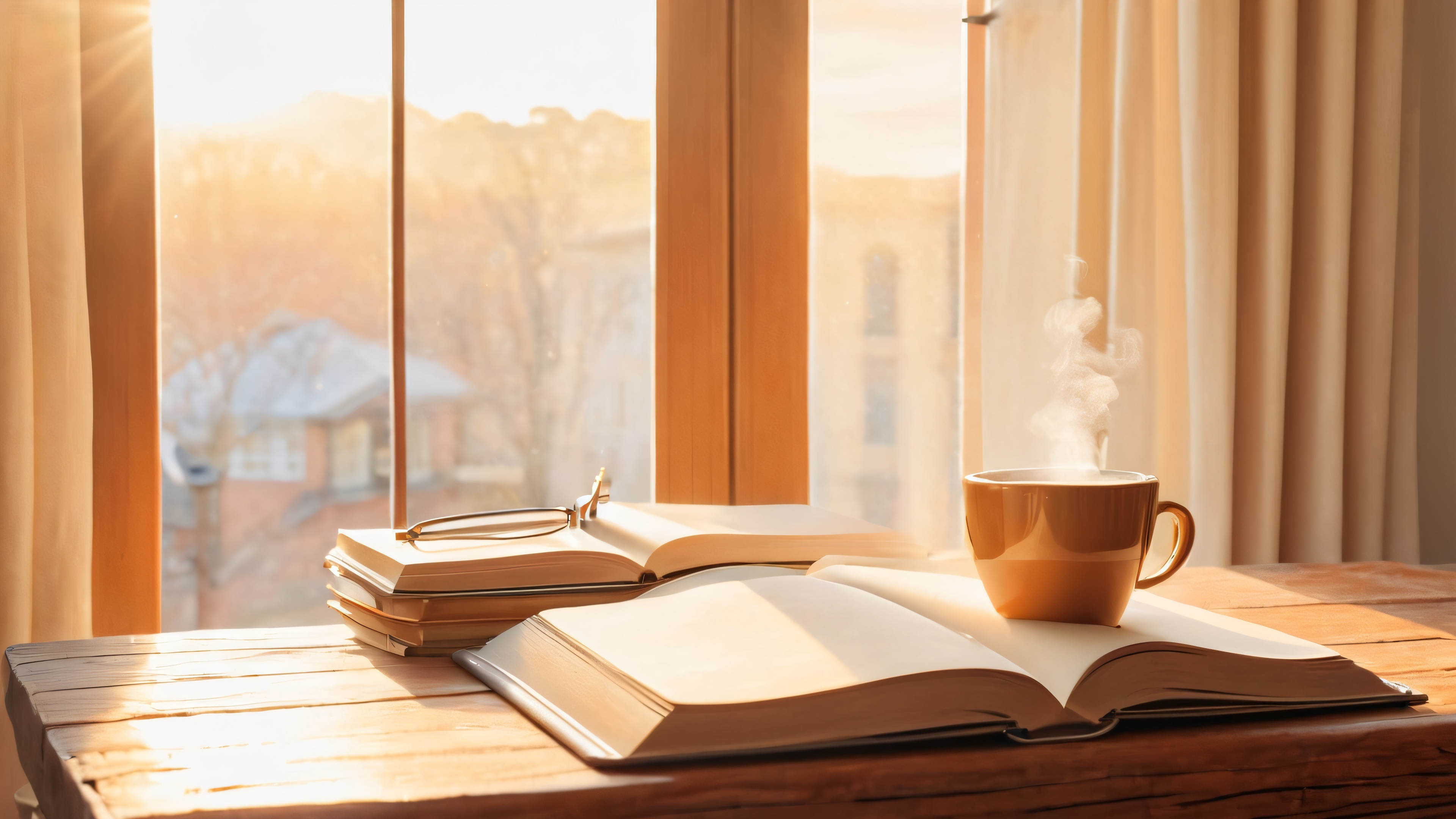 A steaming cup of artisanal coffee on a wooden table, surrounded by notebooks and morning sunlight.