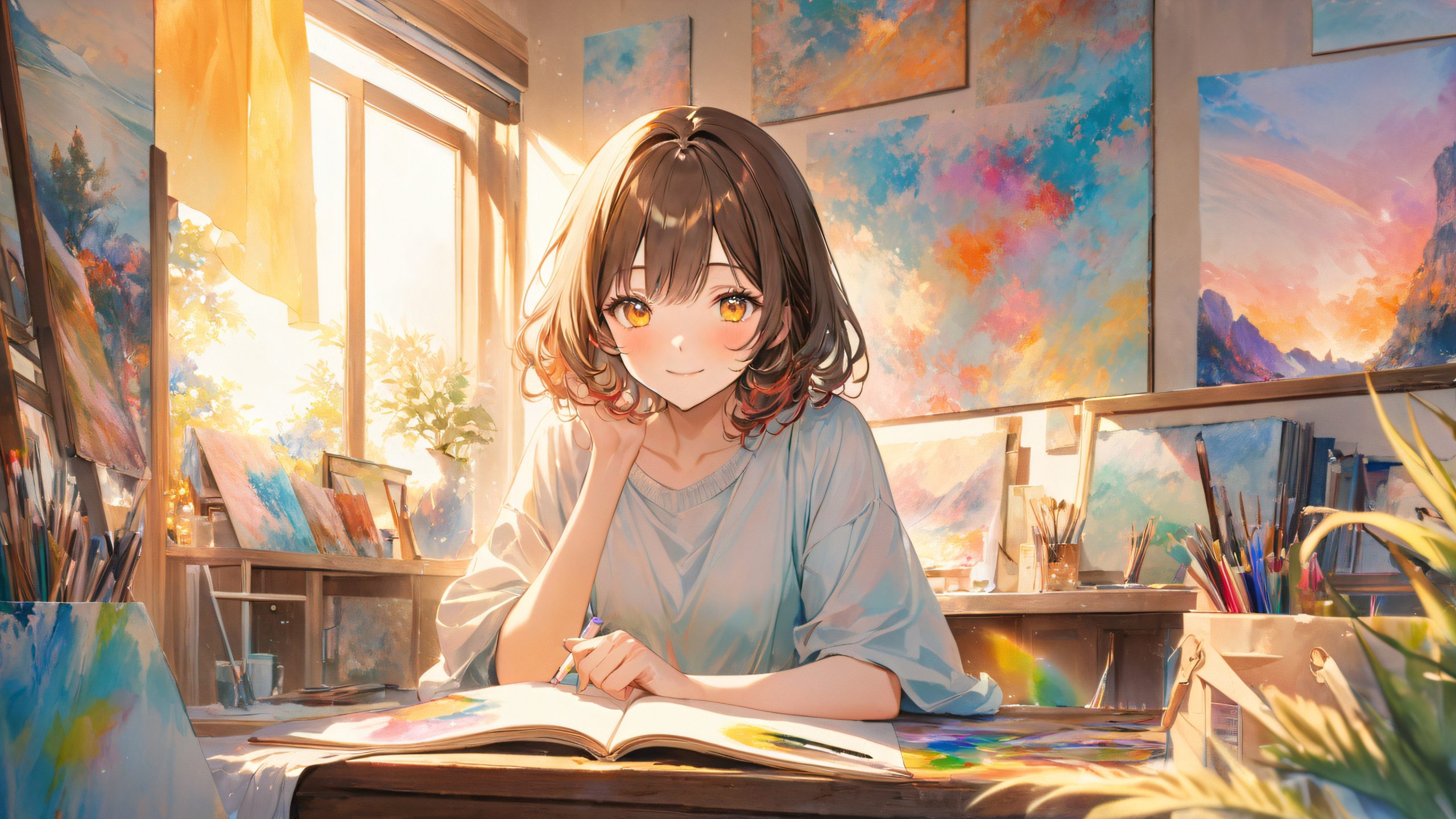 Image of a young artist surrounded by art supplies and half-finished projects, with a cozy studio and warm light, suitable for desktop/pc