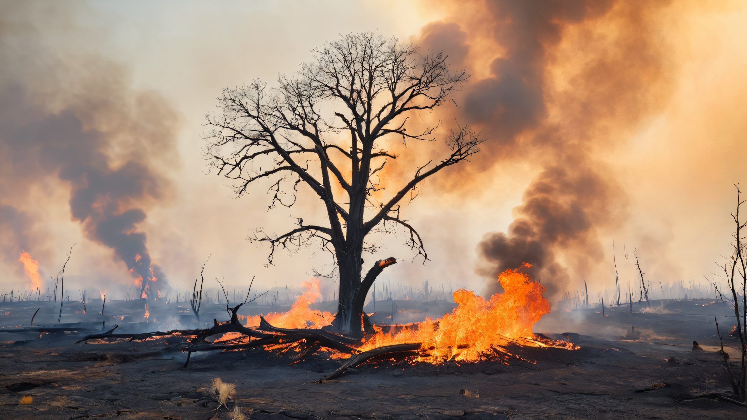 Ancient tree stands amidst a desolate, blackened landscape with flames and smoke billowing from the underbrush, perfect for a desktop or PC.
