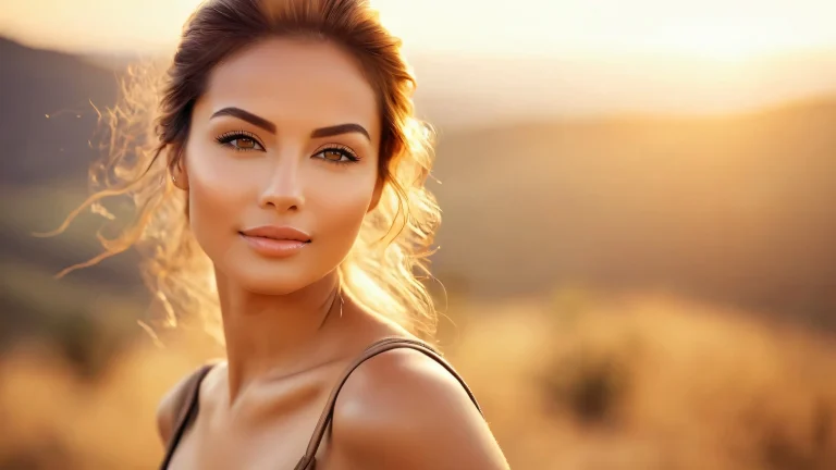 A beautiful Asian woman standing outdoors amidst a blurry natural background with earthy tones, showcasing her beauty and connection with nature.