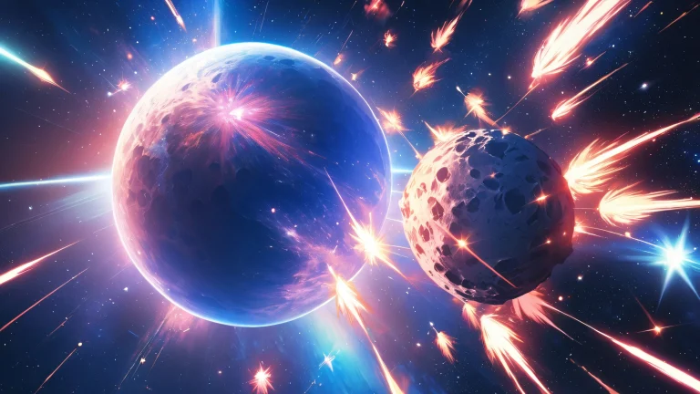 Spacecraft approaching an asteroid in a blue and white celestial landscape