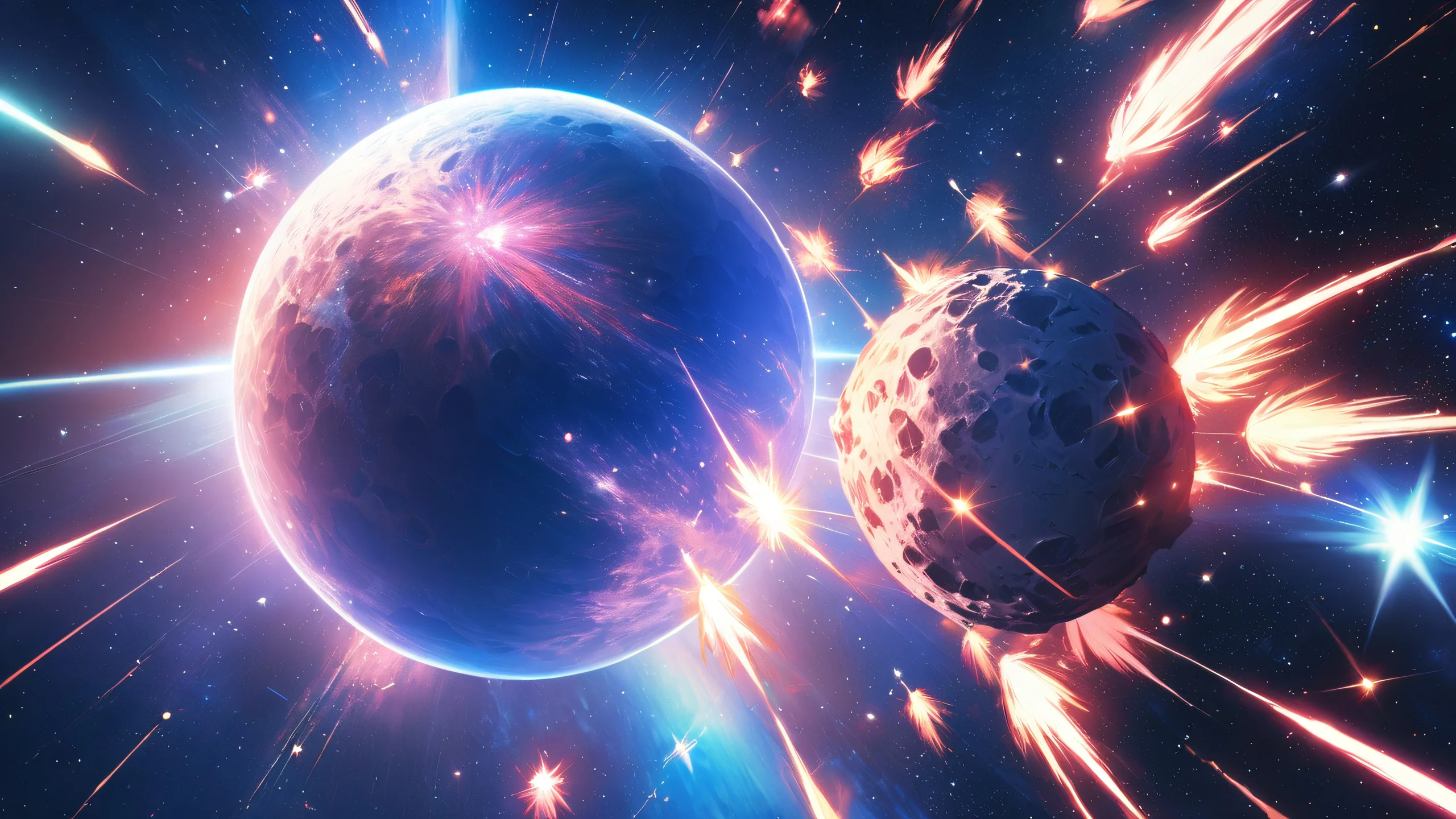 Epic Asteroid Galactic Odyssey 4K Desktop Wallpaper Spacecraft approaching an asteroid in a blue and white celestial landscape