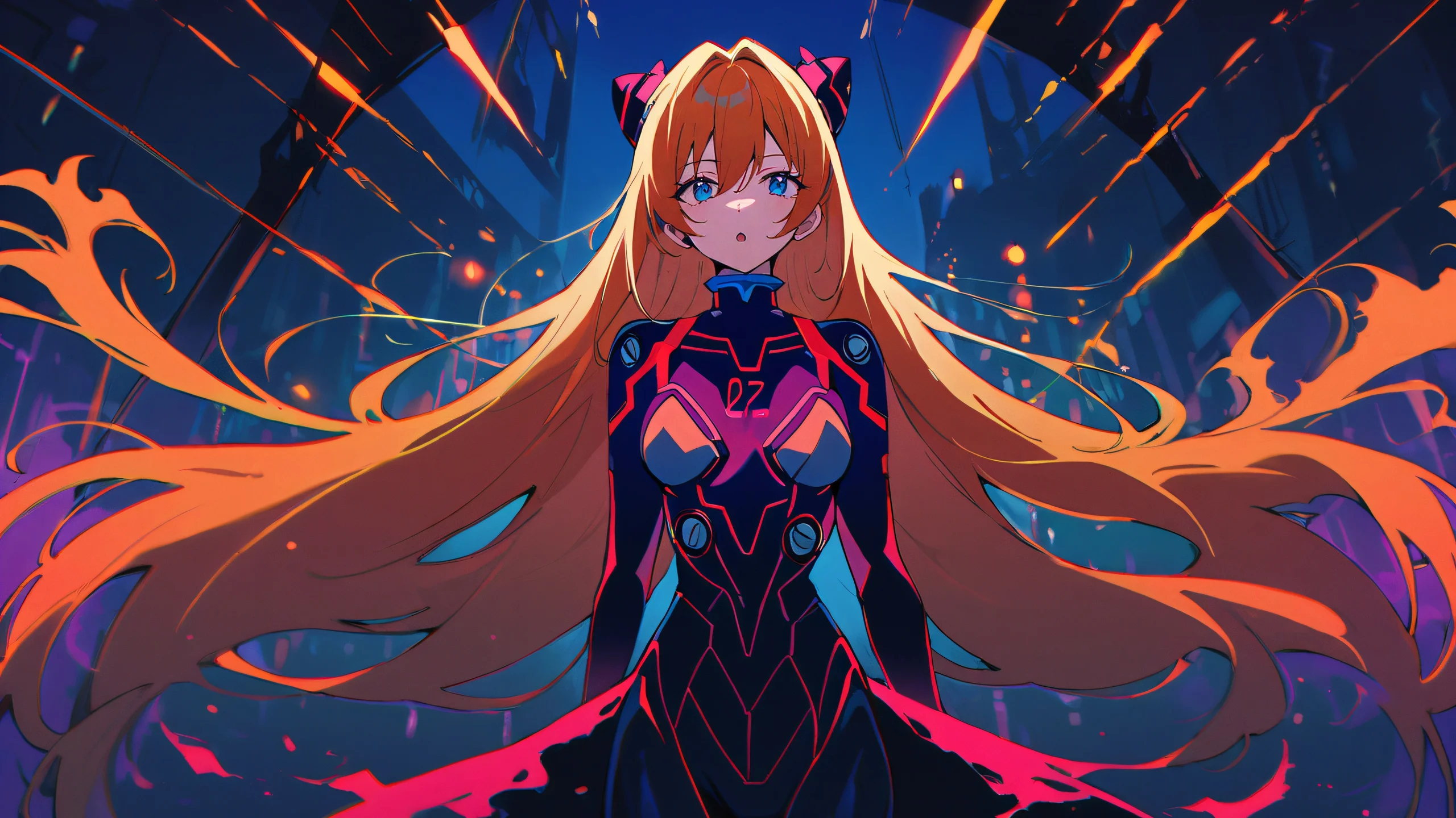 Asuka's Plug Suit Glow 4K UHD Wallpaper Asuka Langley Soryu in her plug suit against a stunning cityscape at sunset