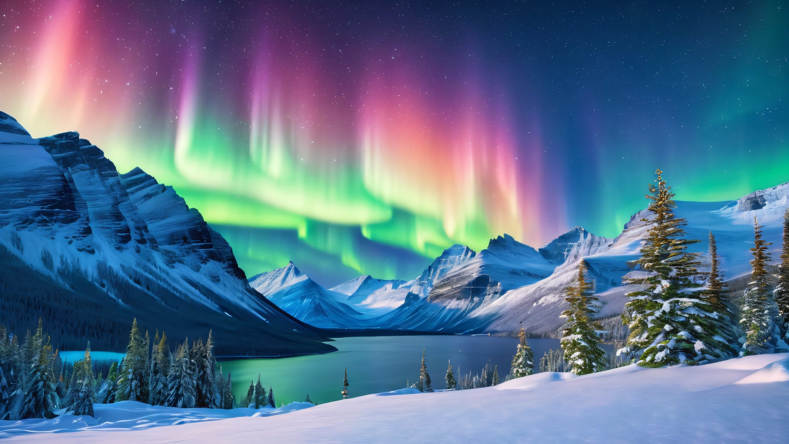 Epic Aurora Canvas of Night 4K Desktop Wallpaper Vibrant Northern Lights display on a dark blue night sky with snow-capped mountains or trees in the distance, suitable for desktop/PC use.