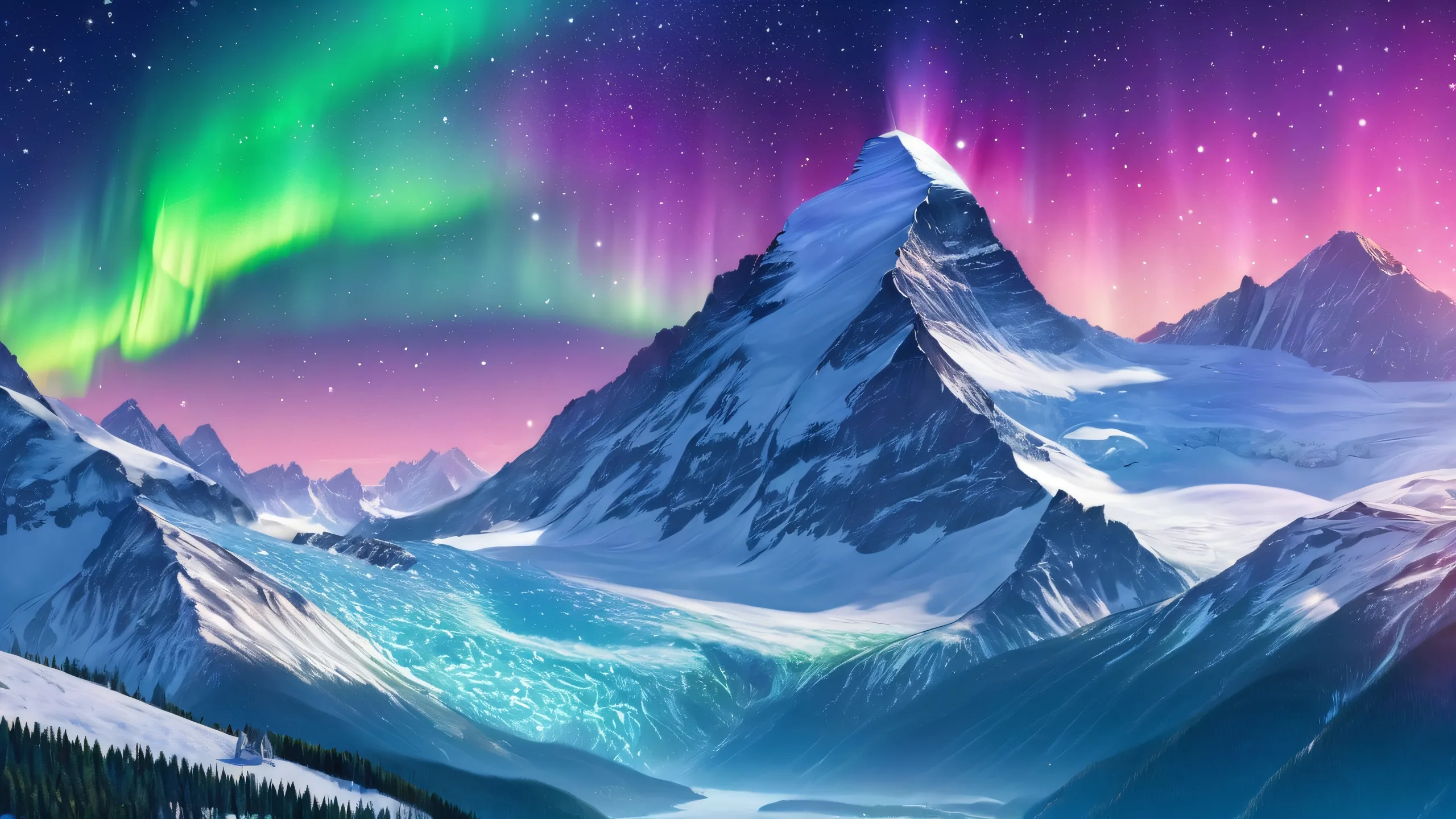 Ethereal Aurora Majesty 4K UHD Wallpaper Stunning desktop wallpaper of Snow-capped mountains and aurora borealis against a starry night sky for PC or Desktop use.