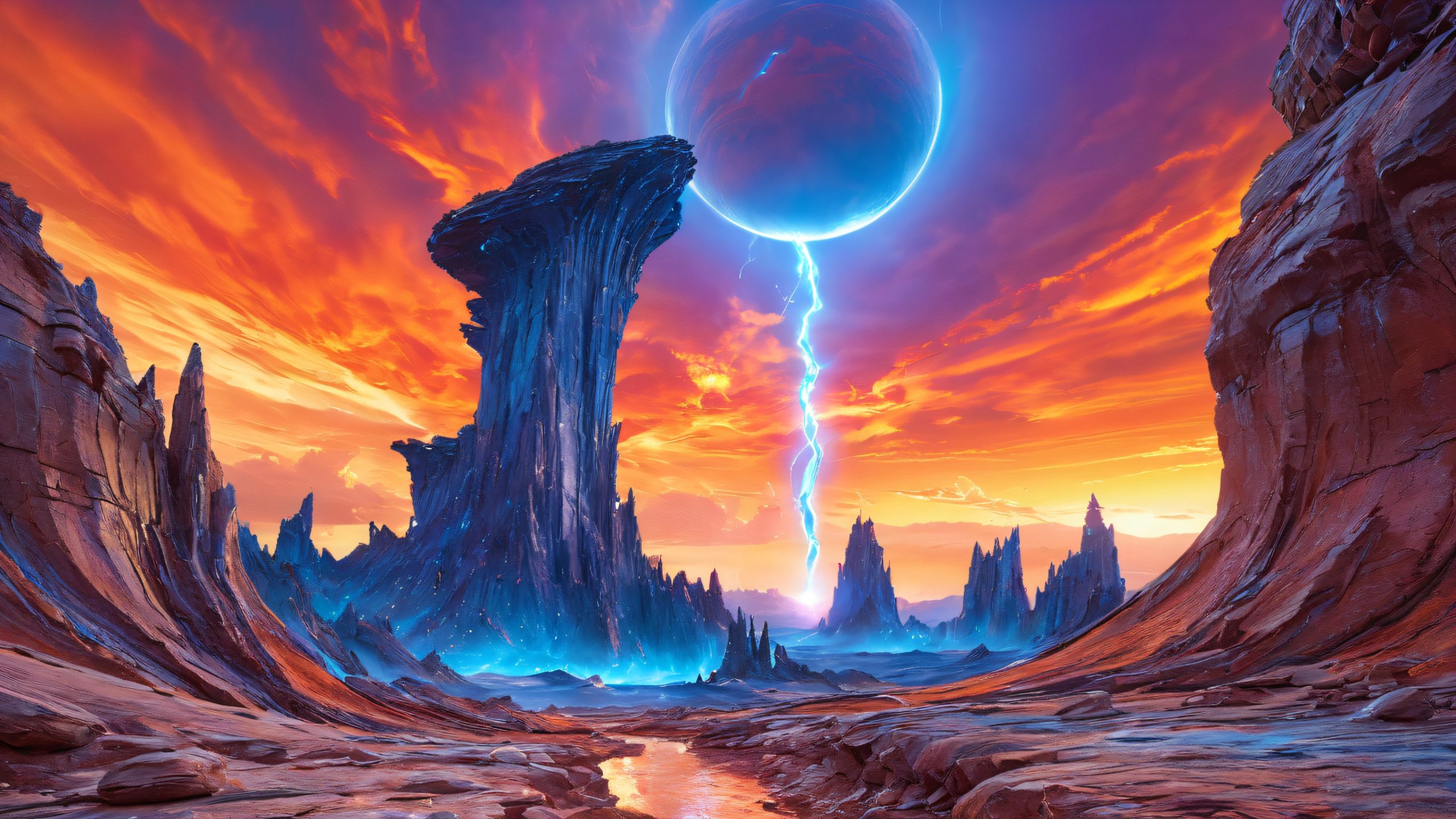 Figure with glowing blue skin and silver hair standing at the edge of a cracked earth with a massive vortex bursting forth from the planet's core, suitable for Desktop/PC backgrounds.