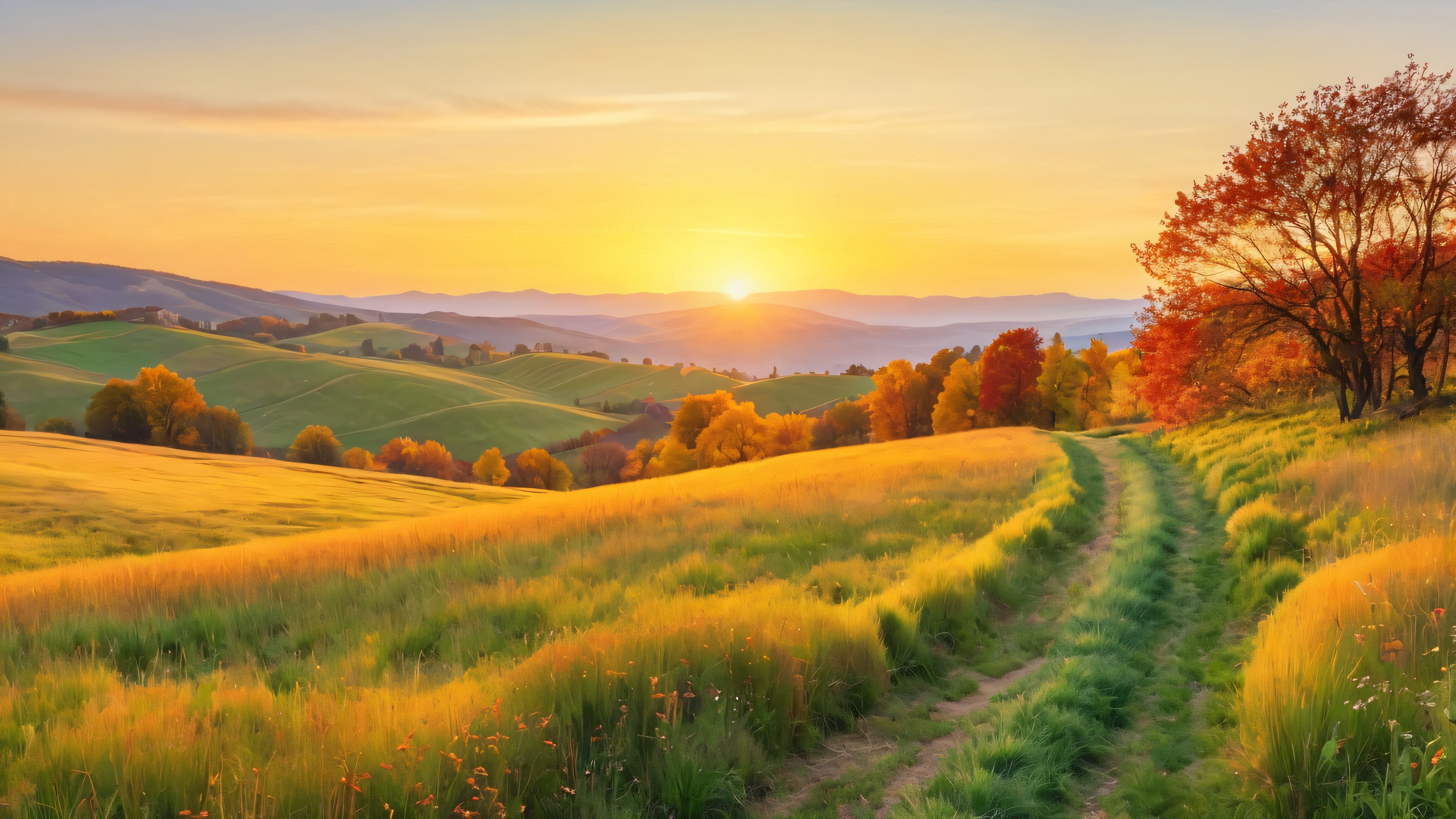 A serene landscape of a meadow in autumn, with tall grasses, wildflowers, and a rustic fence in the distance, set against a warm golden hour sky.