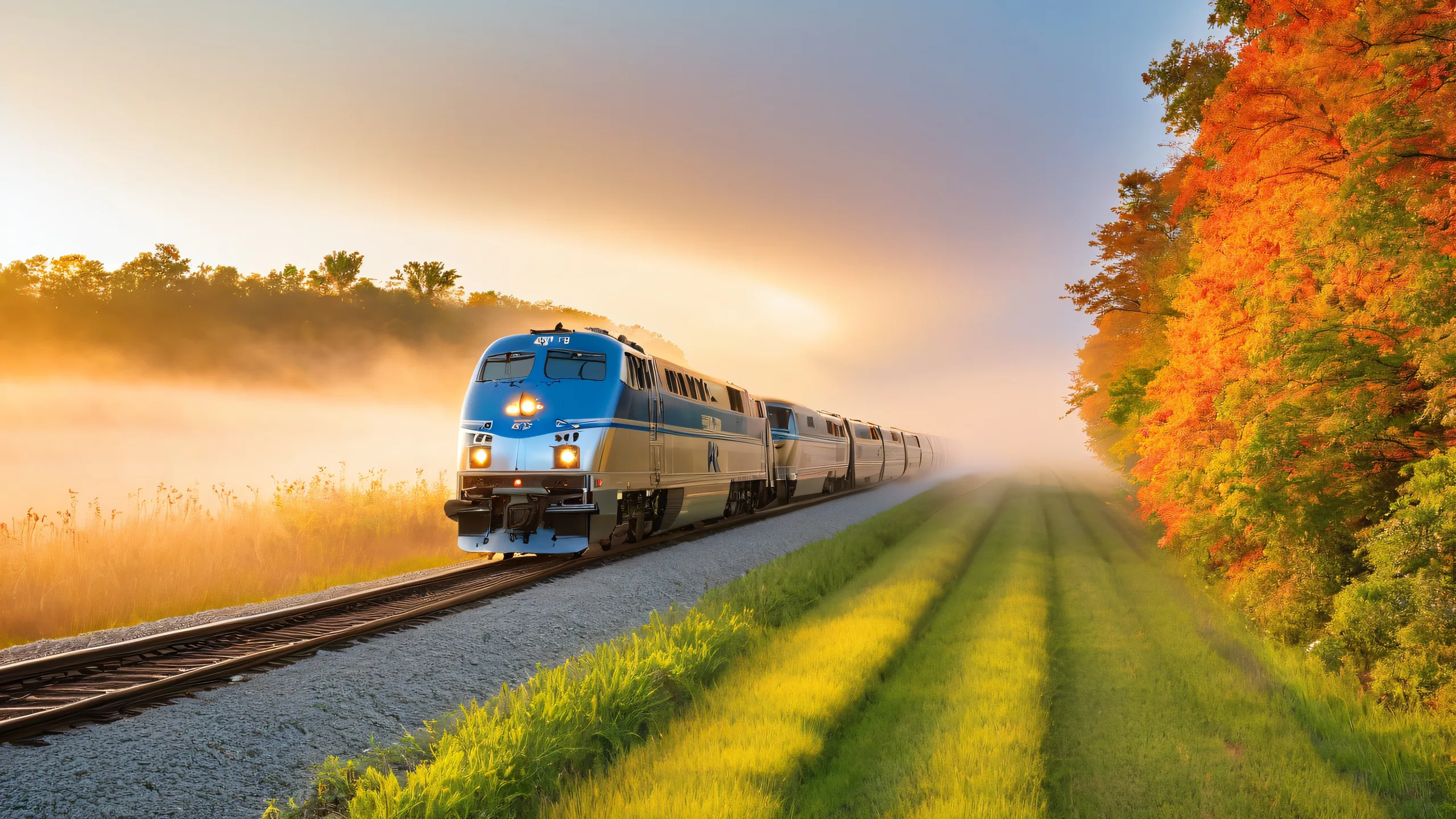 Stunning Autumn Rail Journey to Hammond 4K Wallpaper Vintage Amtrak locomotives leading the Lake Shore Limited train #49 along a misty autumn evening in Hammond, Indiana. Desktop/PC.