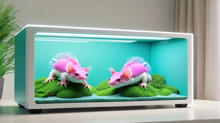 A serene underwater scene featuring axolotls in a storage unit, with soft green and blue lighting.