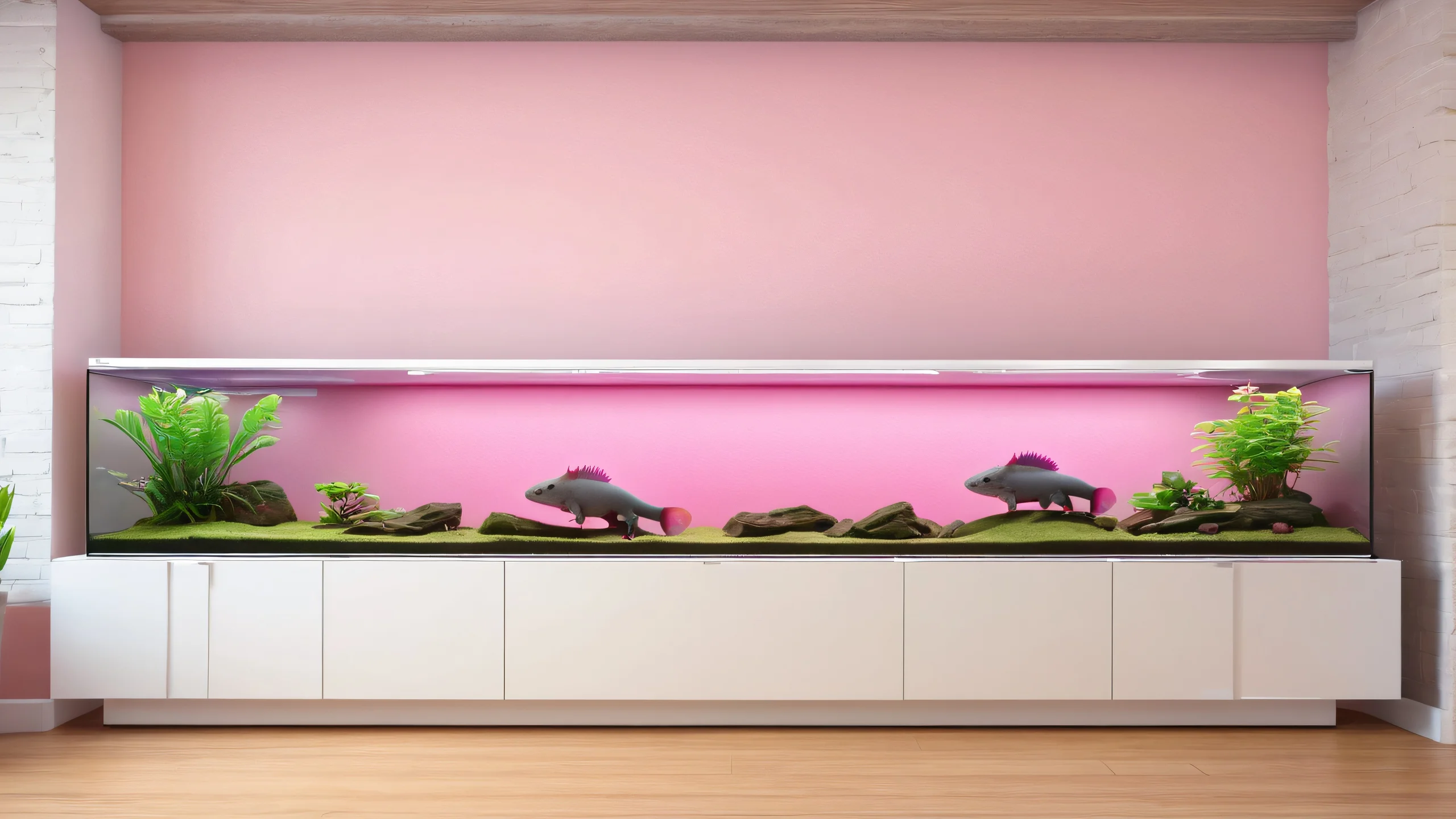 4K Axolotl Oasis Desktop Background A serene underwater scene featuring axolotls swimming amidst an indoor storage unit with a soft and natural color palette.