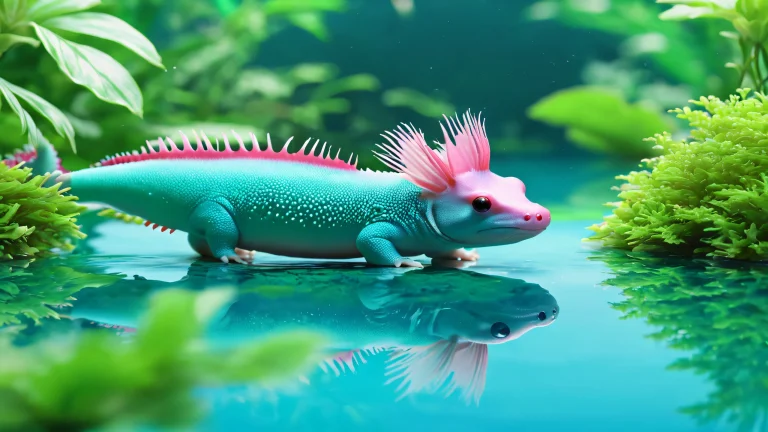 A serene underwater scene featuring an axolotl surrounded by lush aquatic plants and soft blue-green hues.
