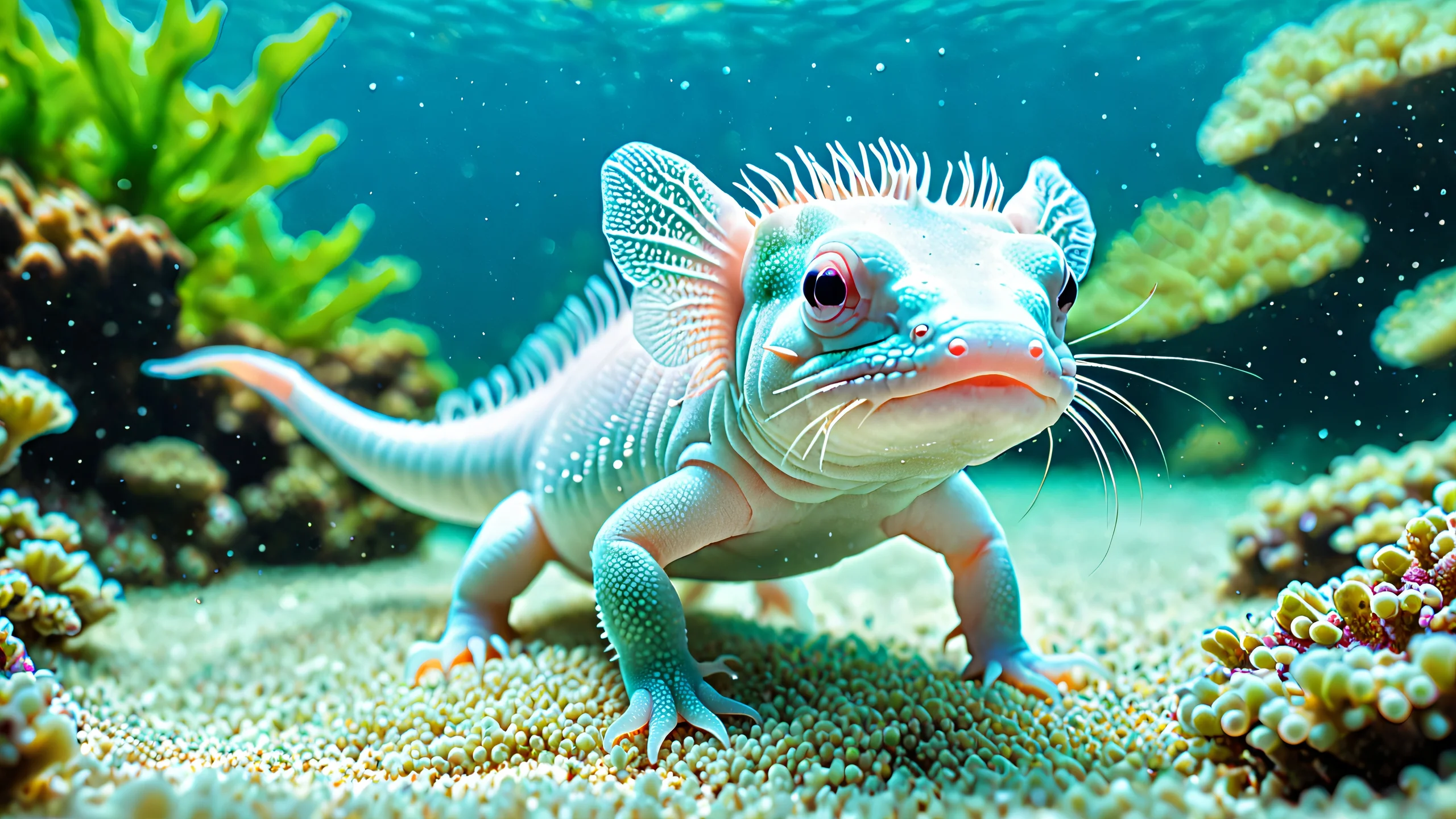 A serene underwater scene featuring an axolotl in a bluesy-green hue, with subtle white accents and soft diffused lighting.