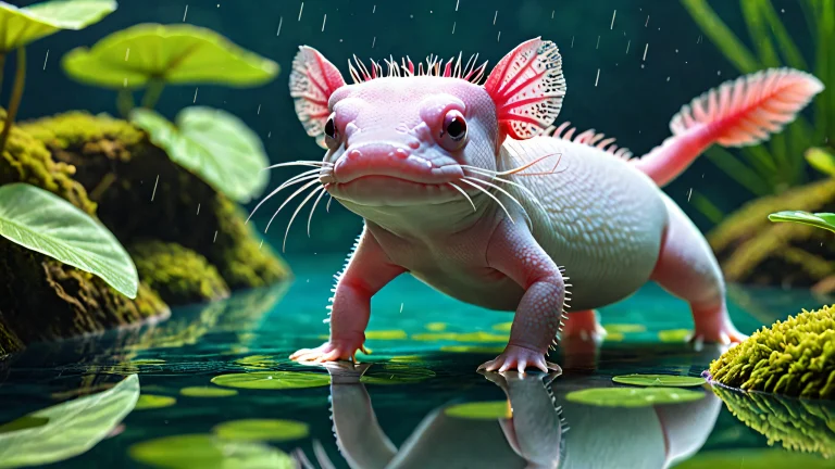 Breathtaking desktop image of an axolotl set against a vast, pure void with subtle water-like textures. Suitable for desktop/pc backgrounds.
