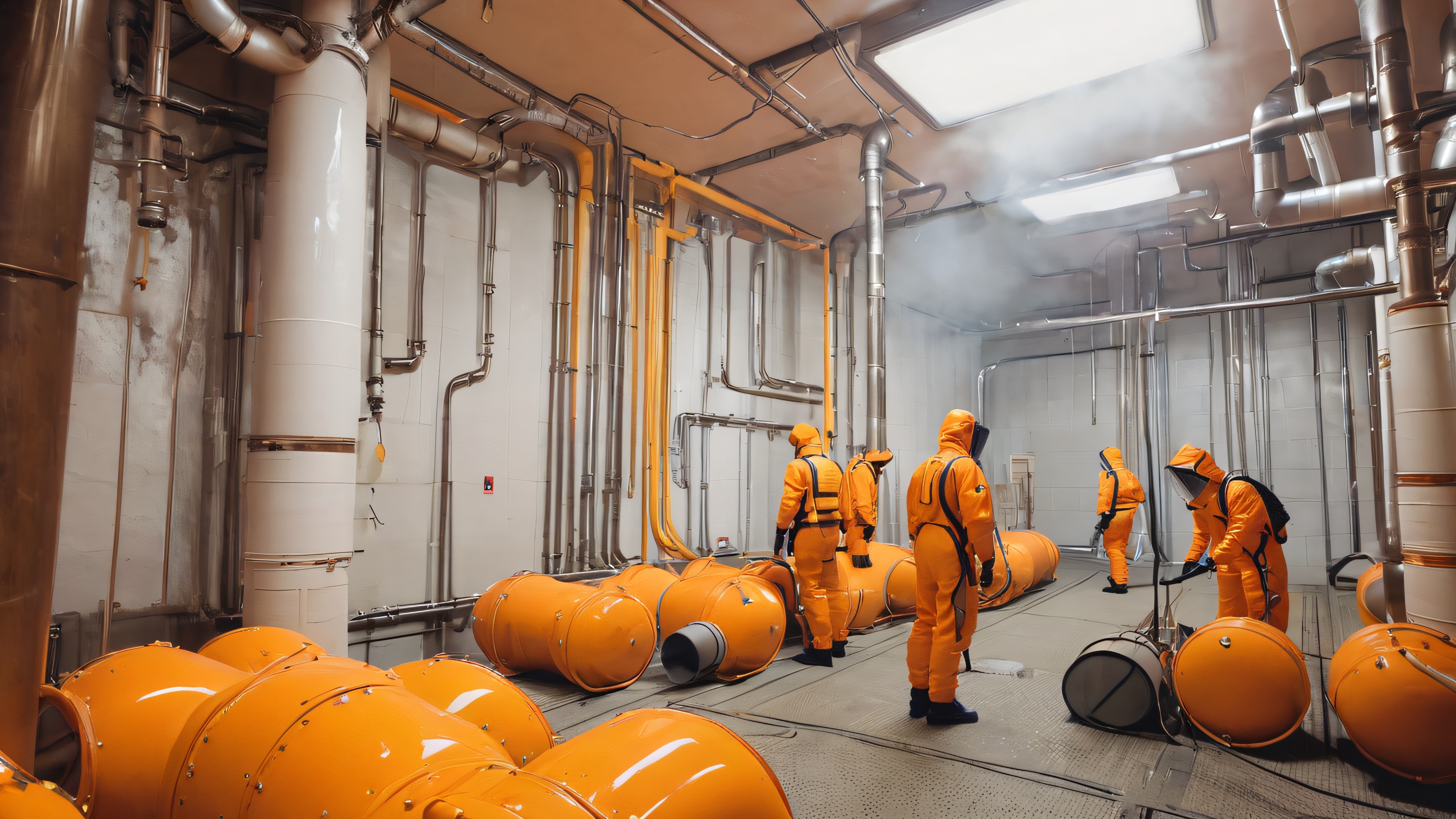 A team of investigators in hazmat suits search for clues in an abandoned, eerie Backroom with flickering fluorescent lights and shifting walls.