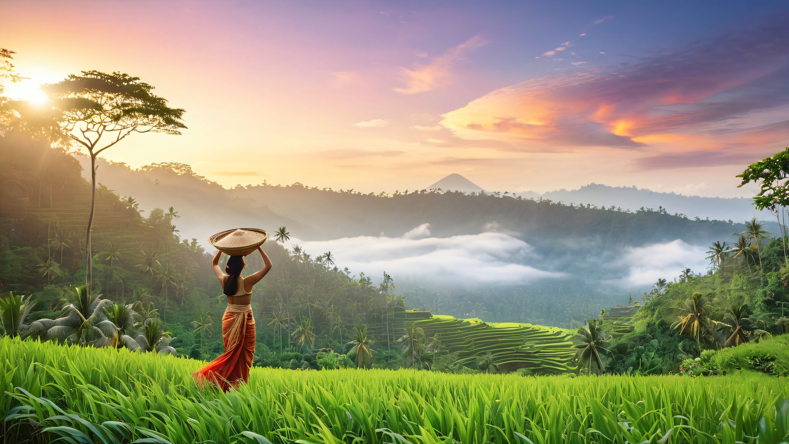 Aesthetic Bali Jungle Cosmica Background A serene scene of a woman standing in a lush Bali jungle with traditional rice basket and space debris in the background.