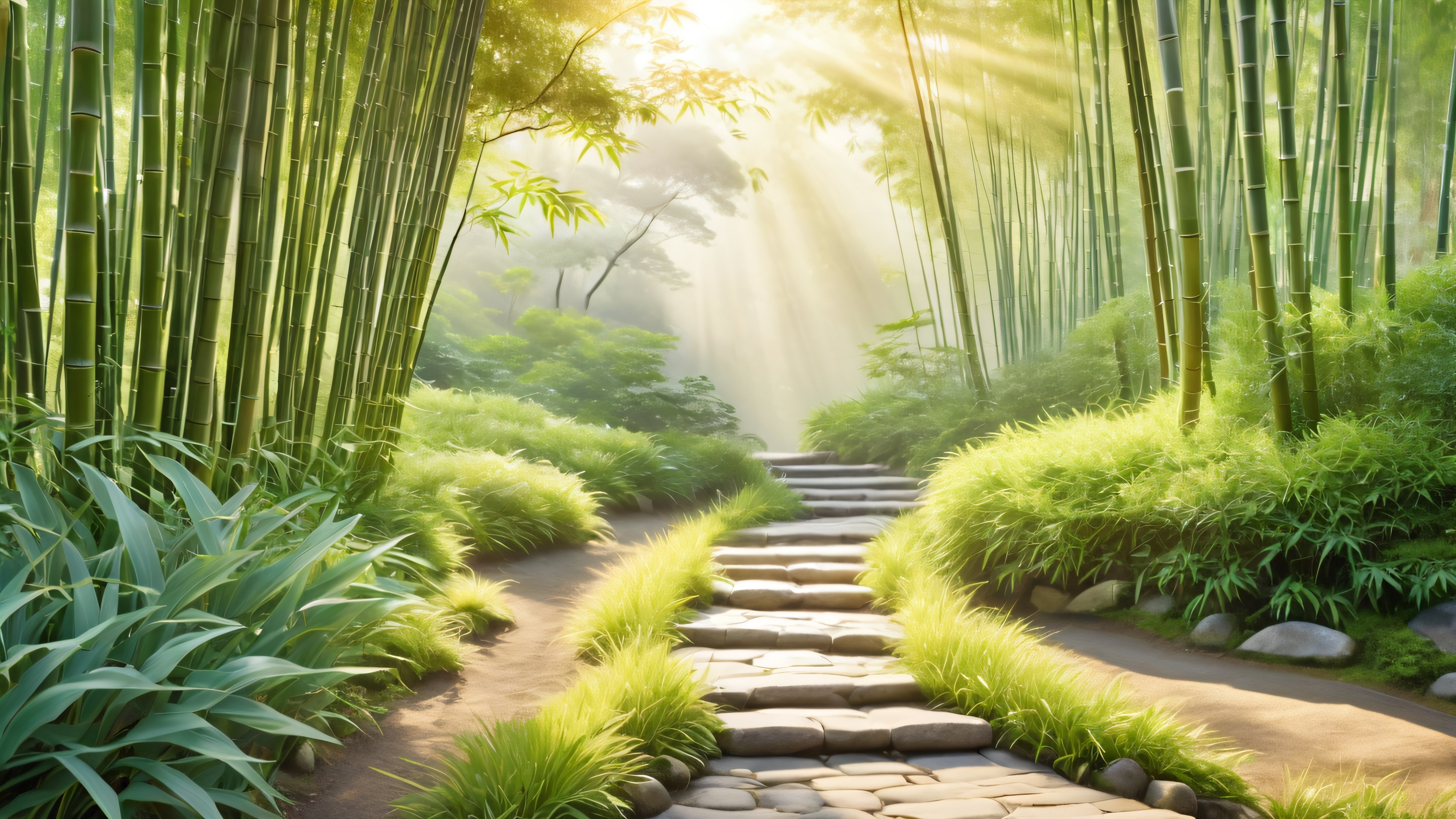 A serene Japanese bamboo forest with a winding stone pathway, ancient tree trunks, and rustic rock formations.