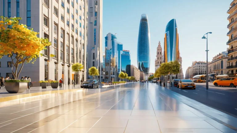 Vibrant urban desktop wallpaper featuring Torre Glòries skyscraper amidst bustling city streets and pedestrians, デスクトップ/PCに適しています