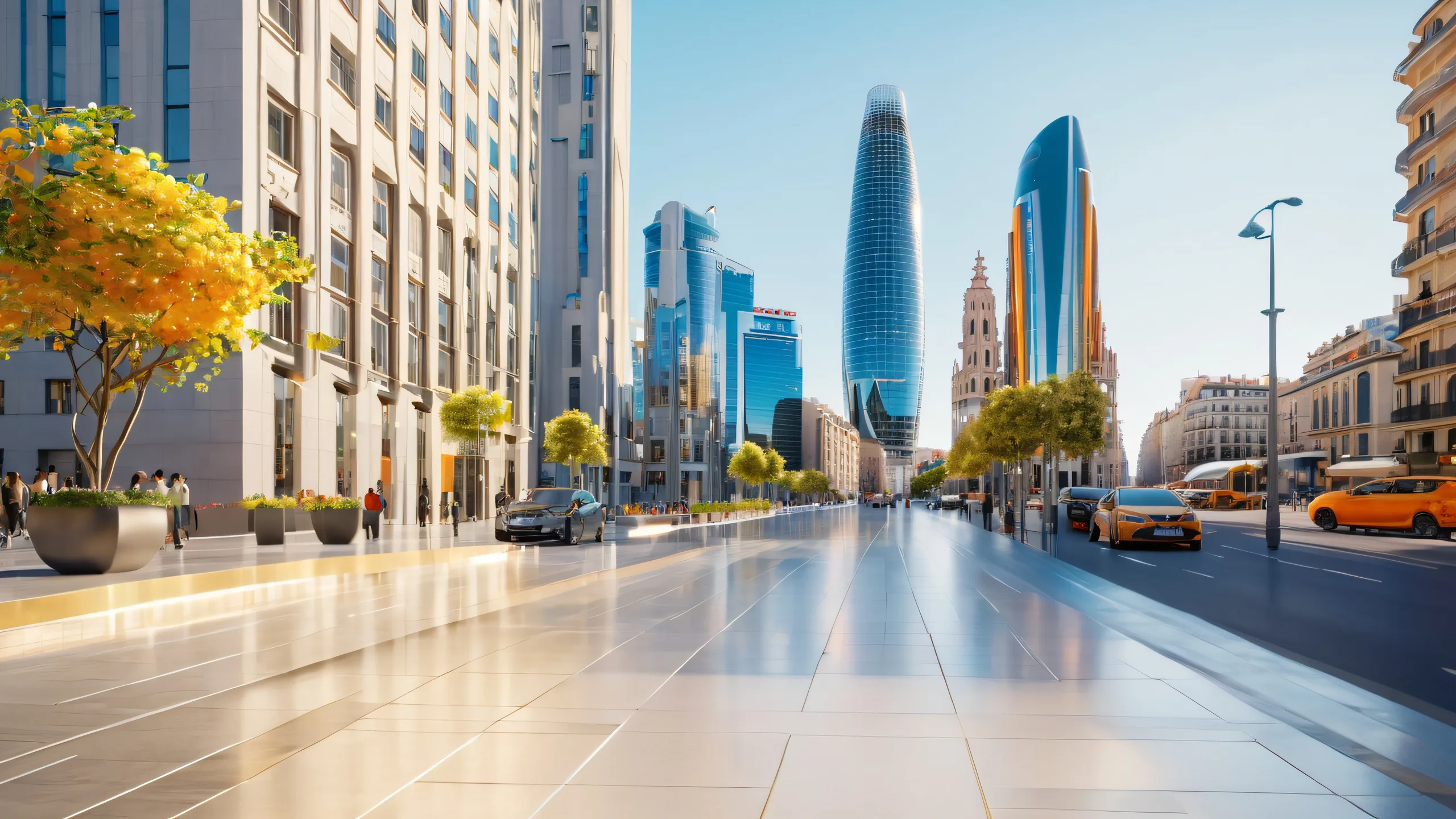 Vibrant urban desktop wallpaper featuring Torre Glòries skyscraper amidst bustling city streets and pedestrians, suitable for Desktop/PC