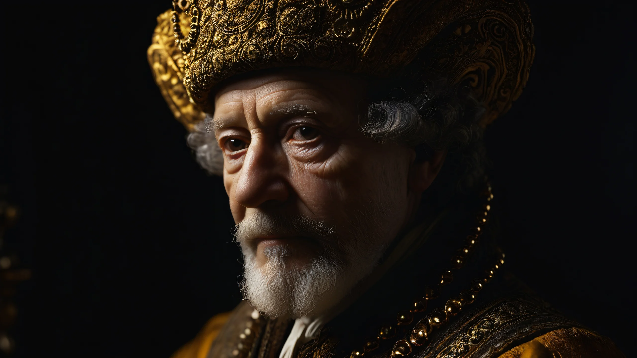 Baroque Figure Study Aesthetic PC Wallpaper A rembrandt-inspired portrait of a mysterious figure with intricate details and macro focus.