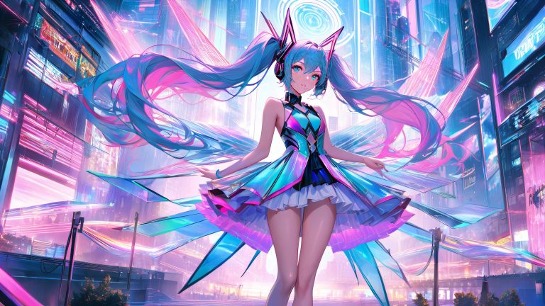 batsu miku futuristic cityscape 4k wallpaper scaled
