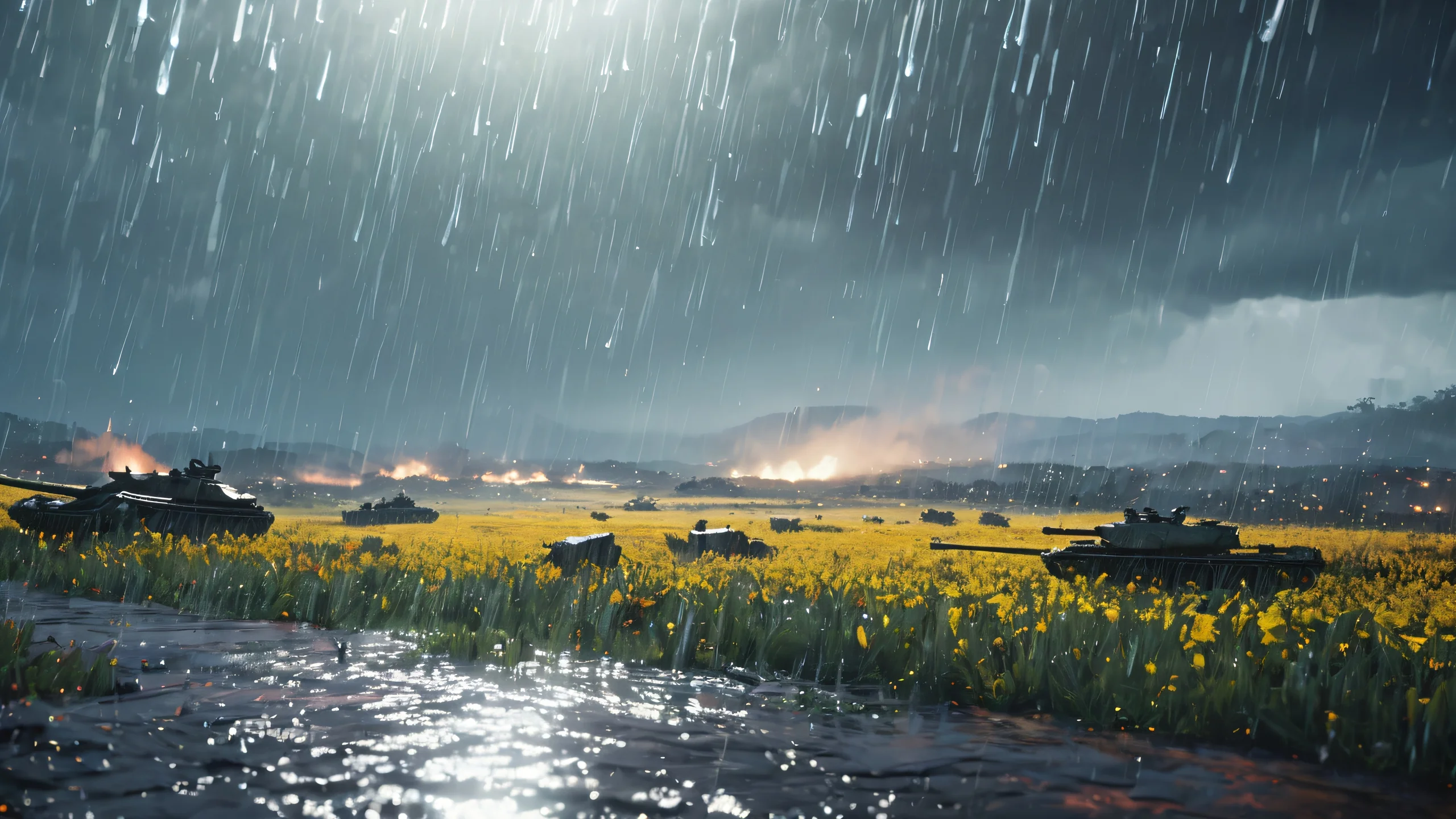 A dramatic and atmospheric battlefield scene at twilight, with rain-soaked terrain and abstract expressionist elements.