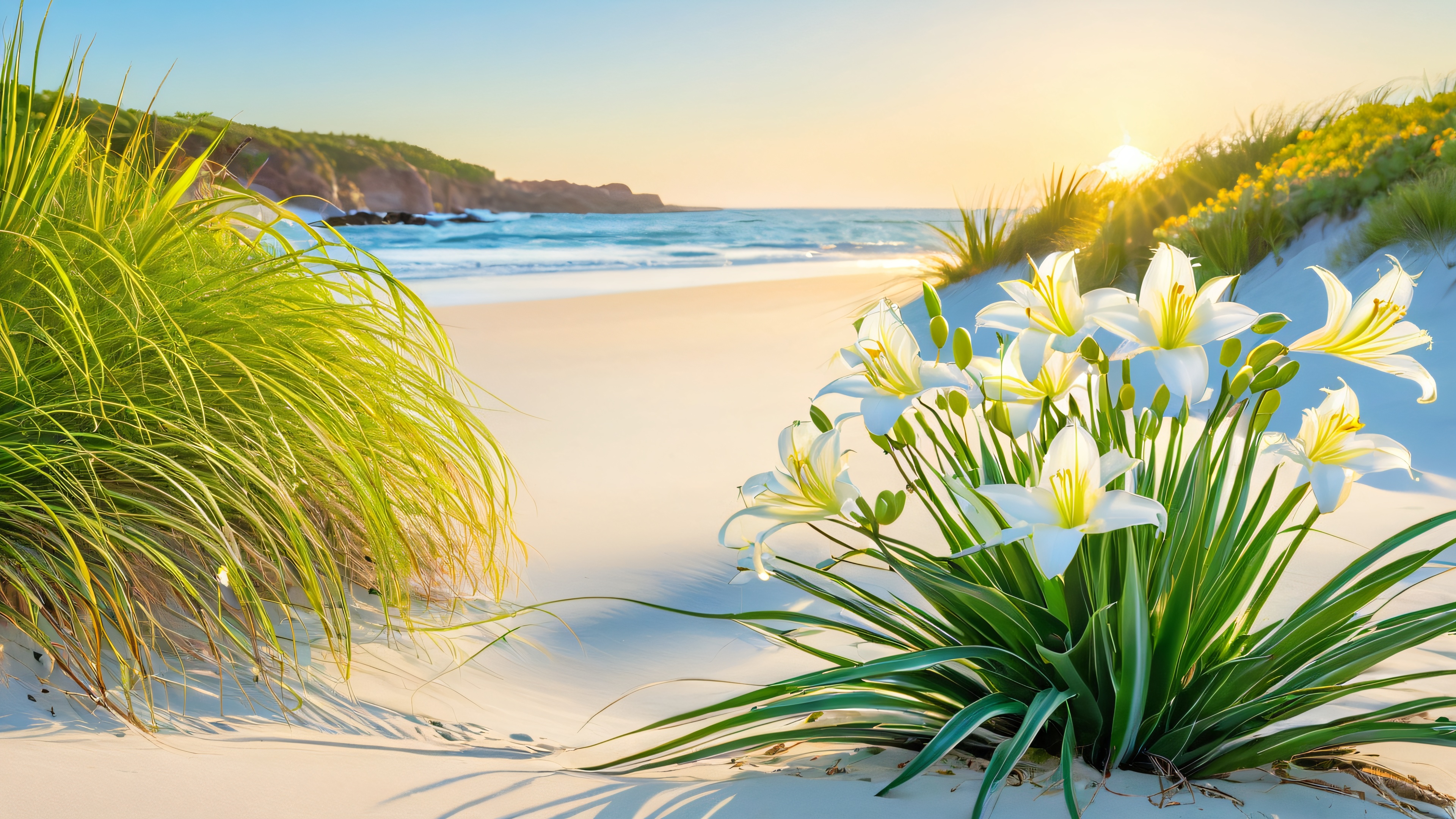 A high-resolution desktop wallpaper featuring a beach spider lily blooming amidst sandy dunes and beach grasses, with a serene coastal landscape in the background.