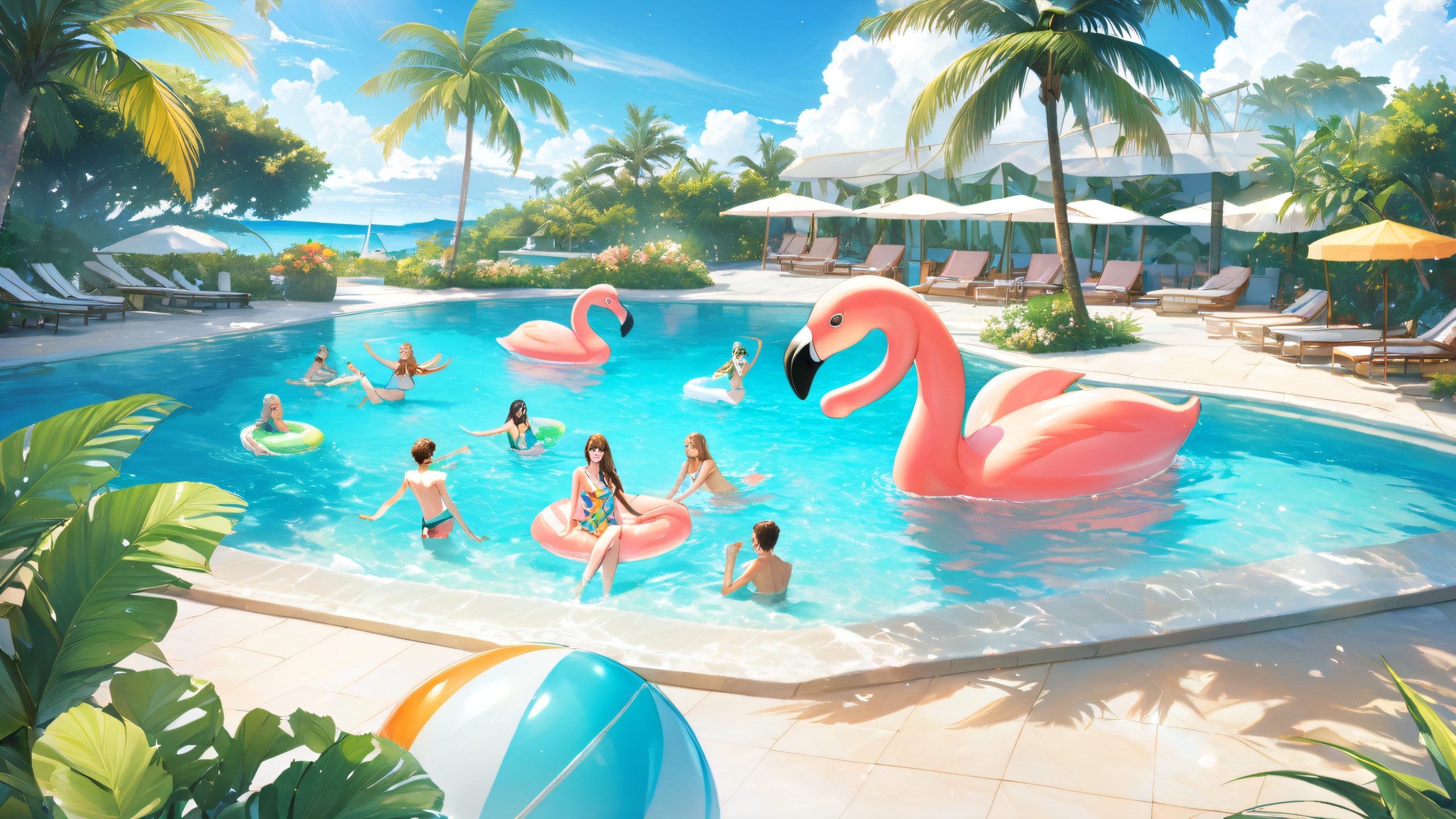 A group of friends lounging on a flamingo raft in a crystal-clear turquoise pool, surrounded by lush greenery and sun-kissed beach balls, on a serene summer day. Suitable for desktop/pc.