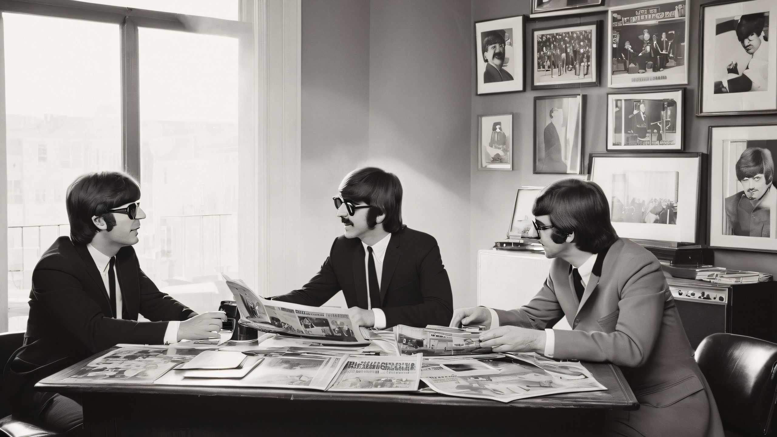 The Beatles in a dimly lit, smoke-filled room with vintage cameras, vinyl records, and newspaper clippings.