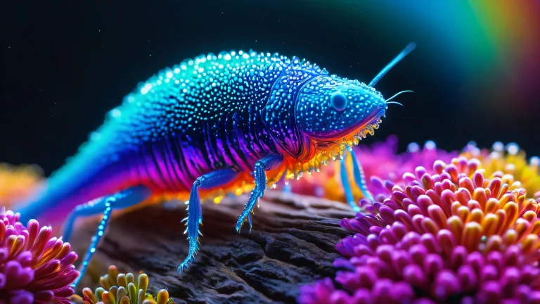 A vibrant, surreal image of a bioluminescent critter surrounded by blooming flowers and vibrant colors.