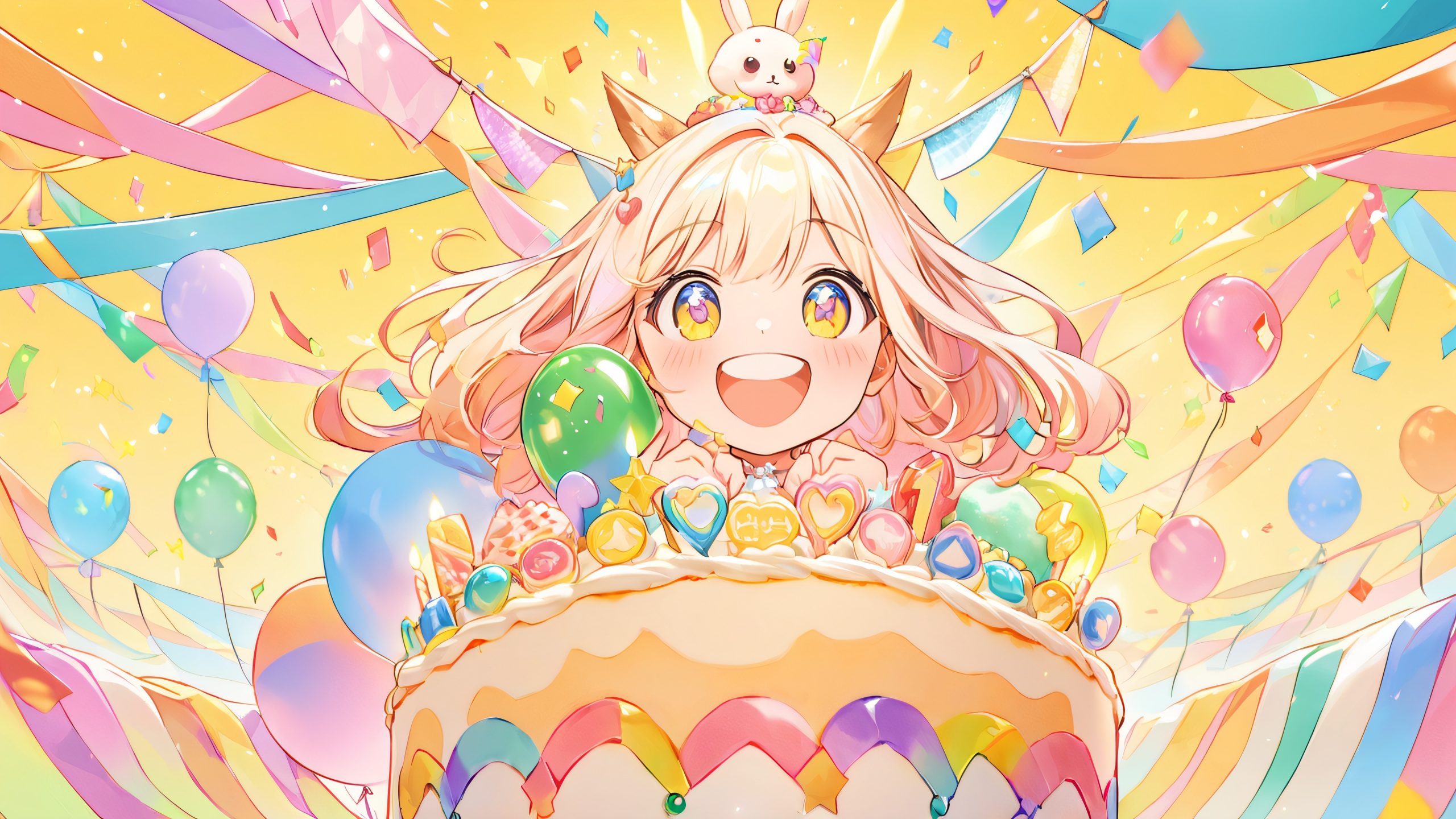 A jubilant cartoon character celebrates their 11th birthday on a sunny yellow background, surrounded by confetti, balloons, and a majestic cake, for desktop/PC use.
