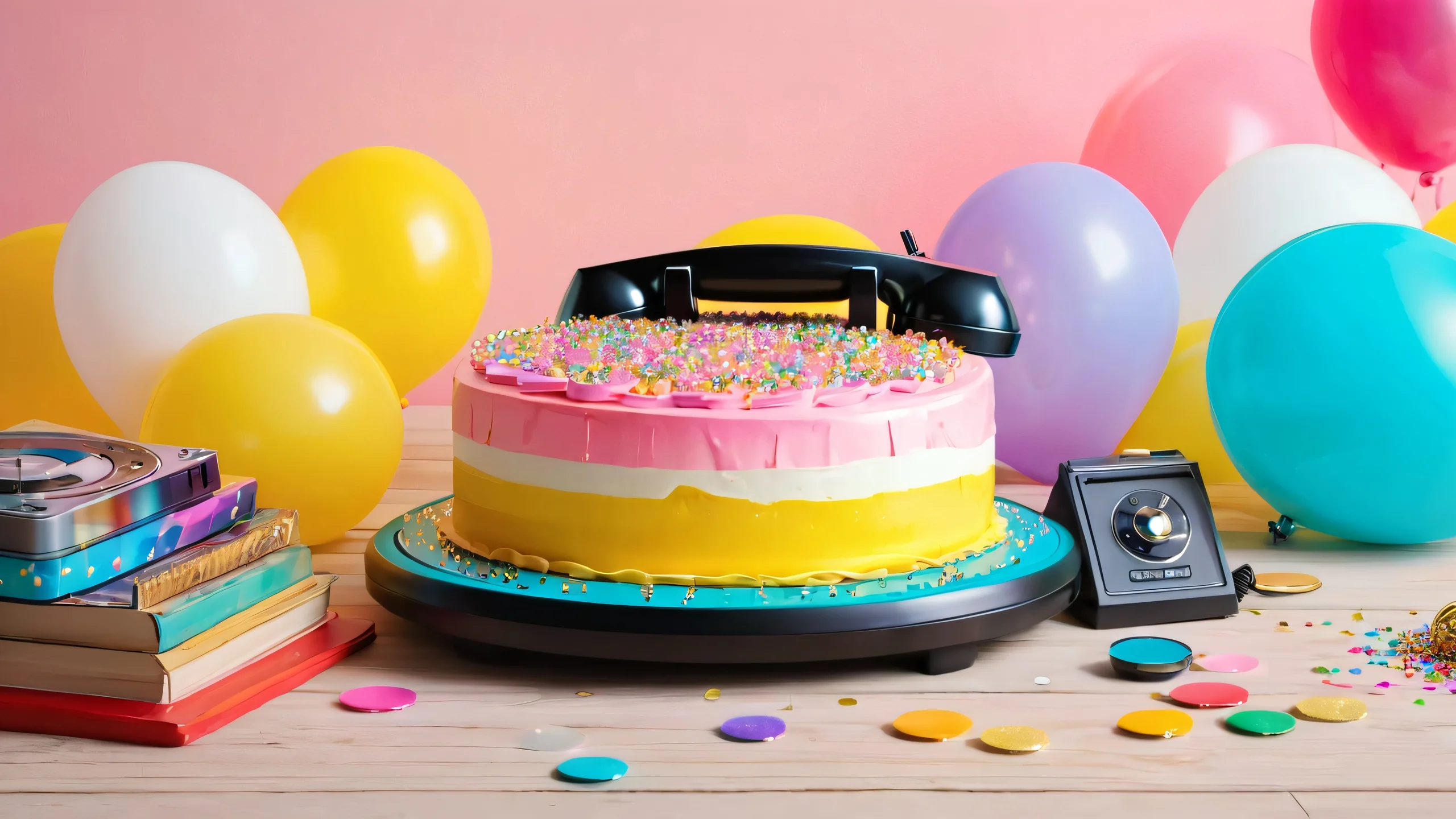 A jubilant cartoon birthday cake with balloons on a worn wooden table with vintage decor and scattered wrapping paper for a cozy desktop or PC.