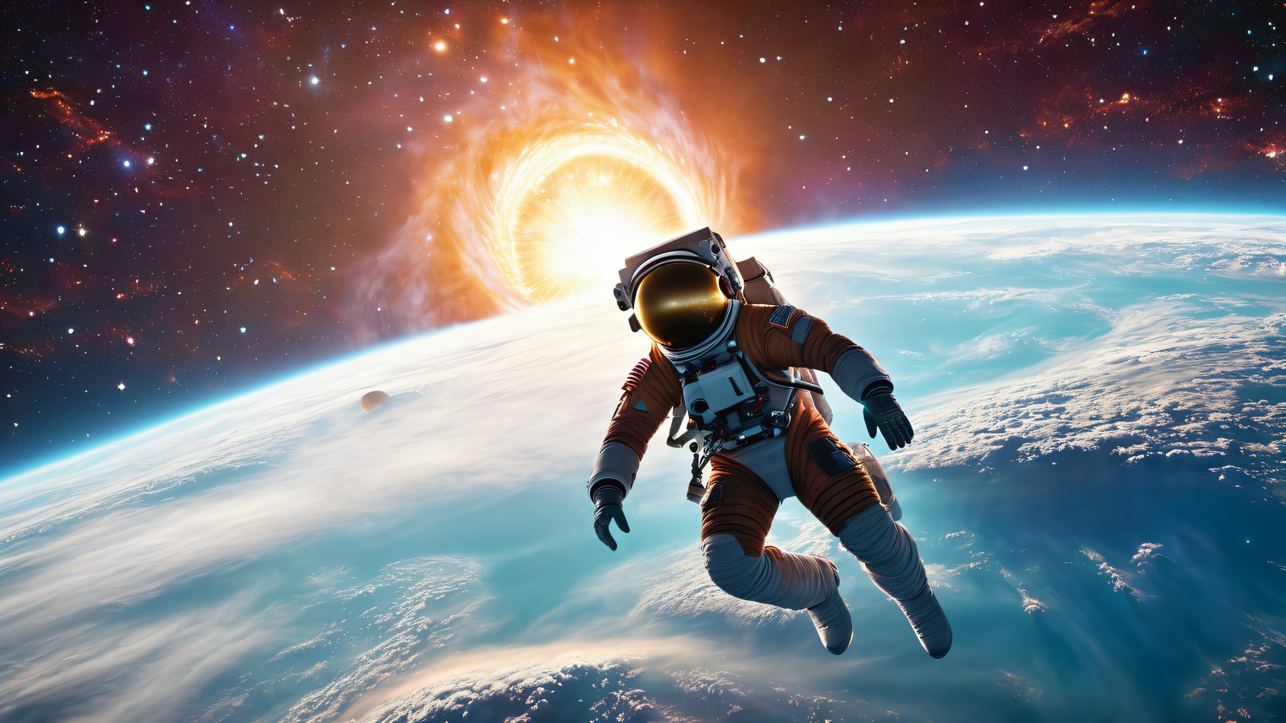 Black Hole Oasis 4K UHD Widescreen Astronaut near black hole event horizon with swirling gas and dust