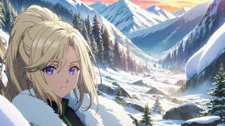 blonde afro puff winter landscape scaled